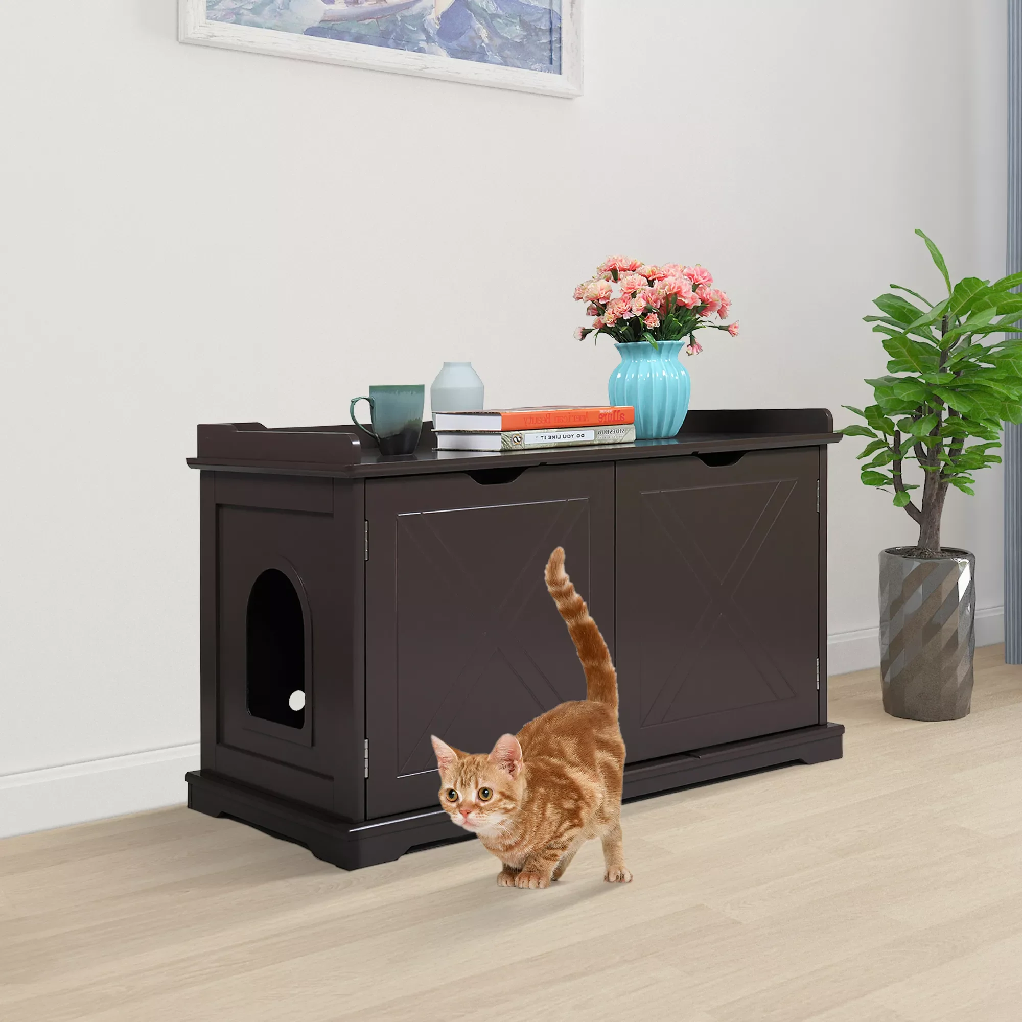 

Cat Washroom Litter Box Cabinet Storage Bench Side Table for Living Room Bedroom Bathroom Brown/White[US-Stock]
