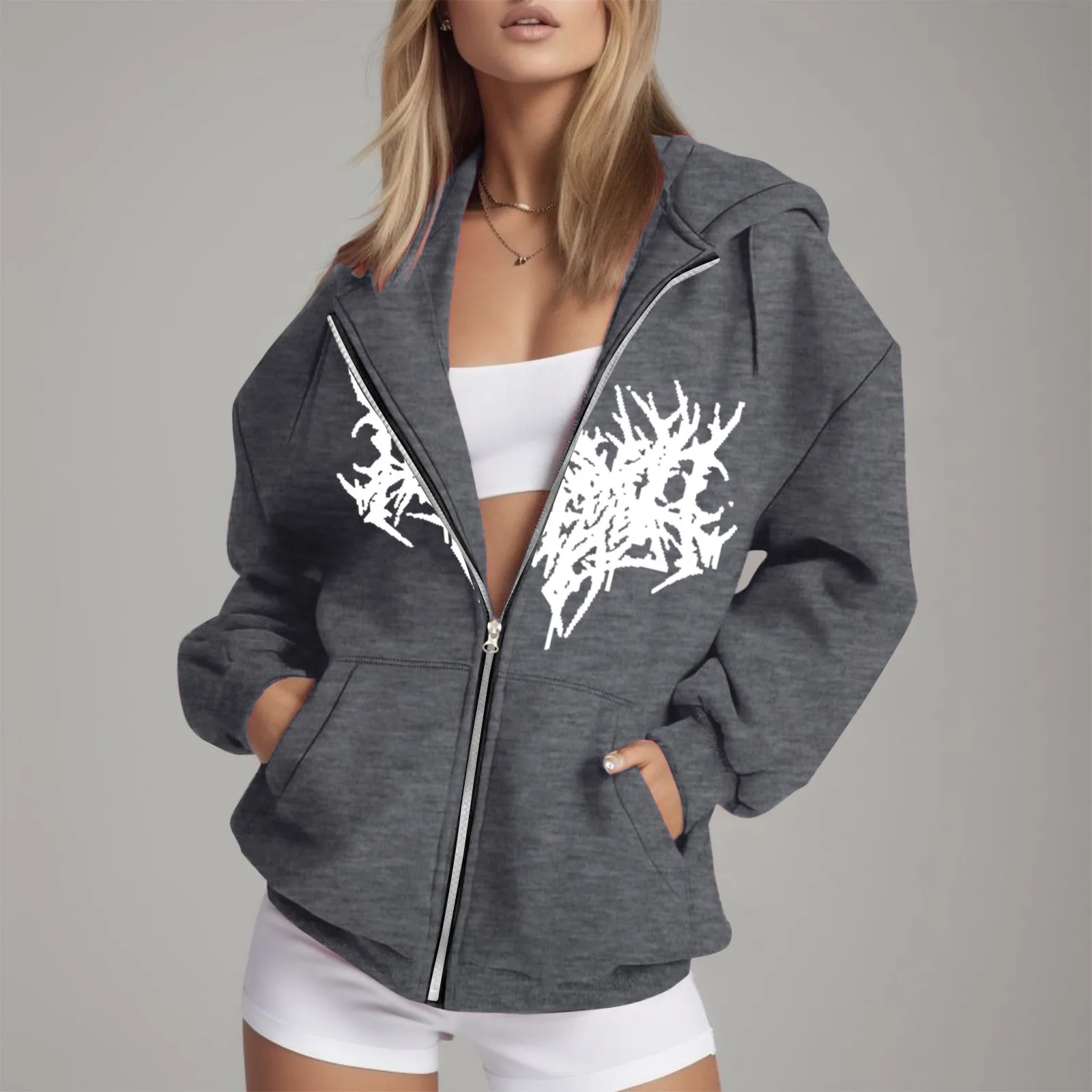 

Women Print Hoodies Harajuku Y2K Oversize Long Sleeve Zip Up Hooded Jacket Females 2023 Autumn Hip Hop Punk Sweatshirt Top