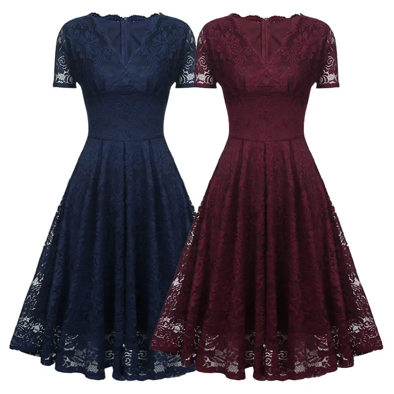 

Sexy Deep Lace V-neck Big-Swing Dress Women Elegant Red Color Pleated Short Sleeve Club Gown Lady Party Formal Dresses 2PCS