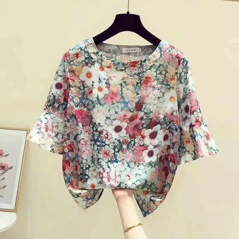 

2022 Summer New Design Sense Printing Short-sleeved Top Women's Retro Round Neck All-match Shirt