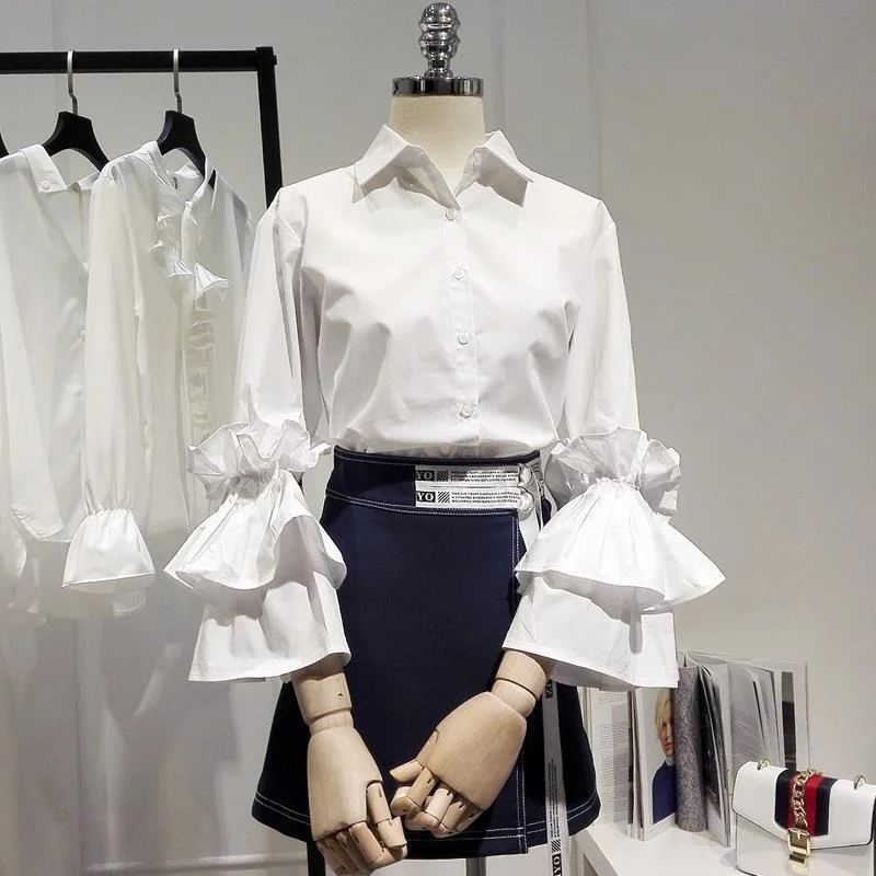 

White Women Shirts Summer New Design 2022 Turn-Down Collar Flare Sleeved Solid Elegant Female Outwear Coats Top Quality