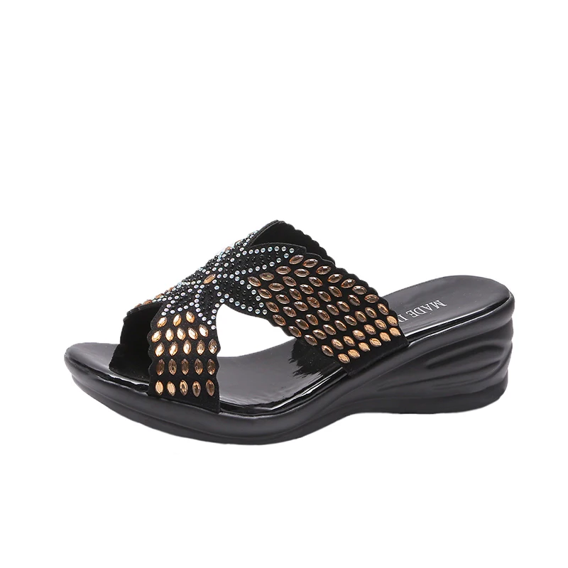 

Women's Open Toe Slippers Rhinestone Decor All Match Chic Faddish Comfy Soft Wedge Heel Slippers
