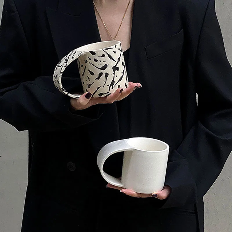 TingKe korean style retro big handle ceramic mug Nordic simple modern household ink dot wide coffee cup water
