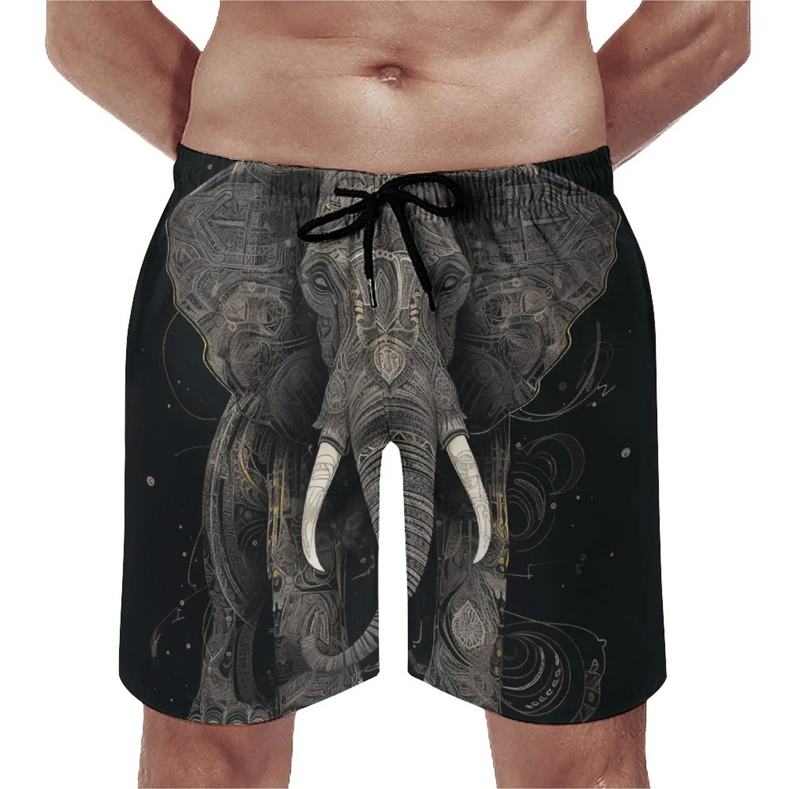 

Elephant Gym Shorts Summer Art Illustration Intricate Lines Funny Board Short Pants Men Sports Quick Dry Design Swimming Trunks