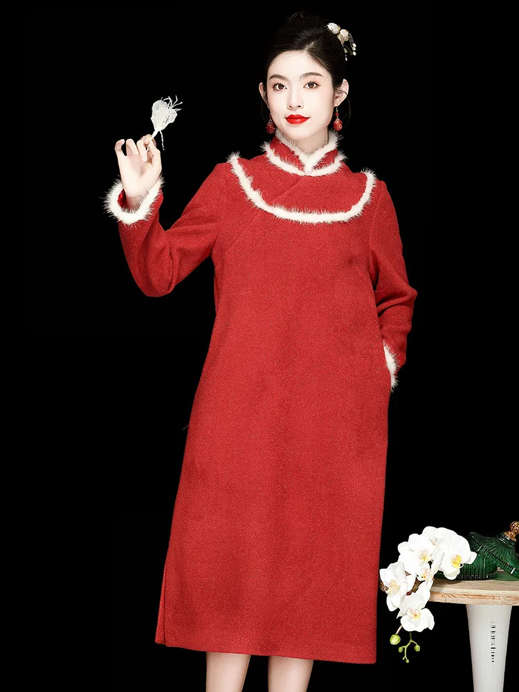 Chinese Red Robe New Year Winter Dress Party Girls Qipao