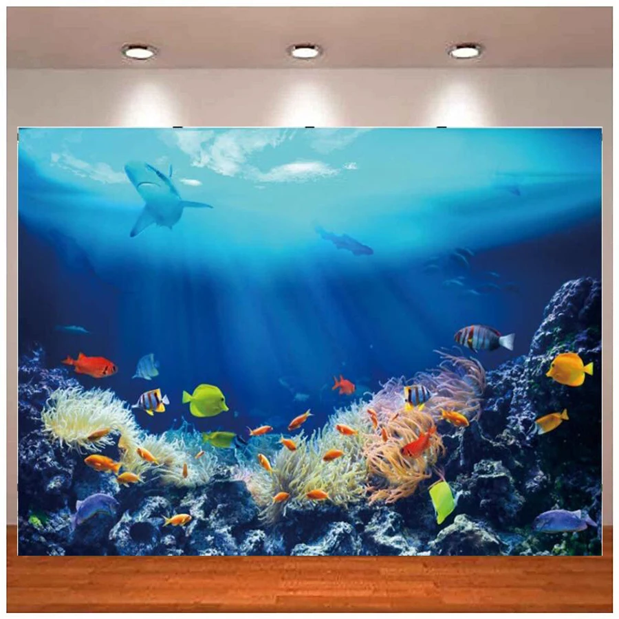 

Photography Backdrop Underwater World Coral Reef Tropical Fish Blue Ocean Background Baby Shower Kids Birthday Party Banner