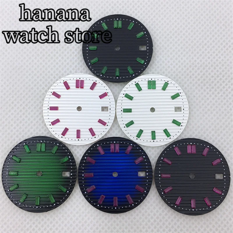 

29.8mm Nautilus sterile dial Black White Blue Green dial amethyst crystal decoration index for NH35 NH36 movement