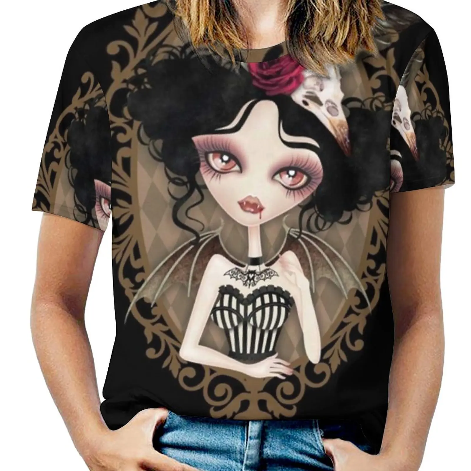 Женская футболка Countess Nocturne новая модная с принтом на молнии и v-образным вырезом