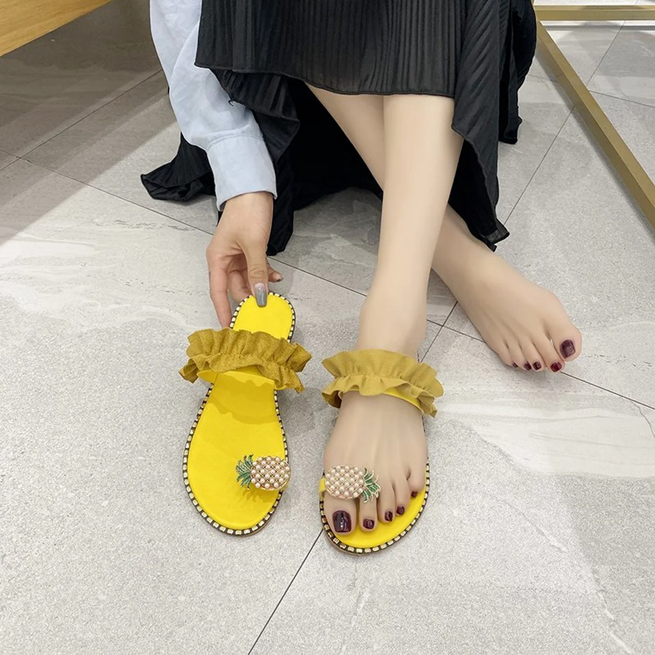 

Women Slipper Pineapple Pearl Flat Toe Bohemian Casual Shoes Beach Sandals Ladies Shoes Platform Sandalias De Mujer 2022