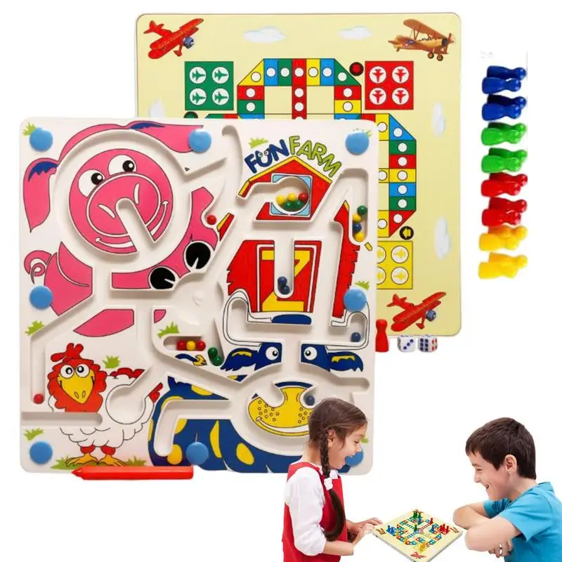 

Magnetic Maze For Kids Ages 3-5 Flying Chess Game 2-in-1 Wooden Maze Montessori Educational Toy Fun Chess Toy For Kids