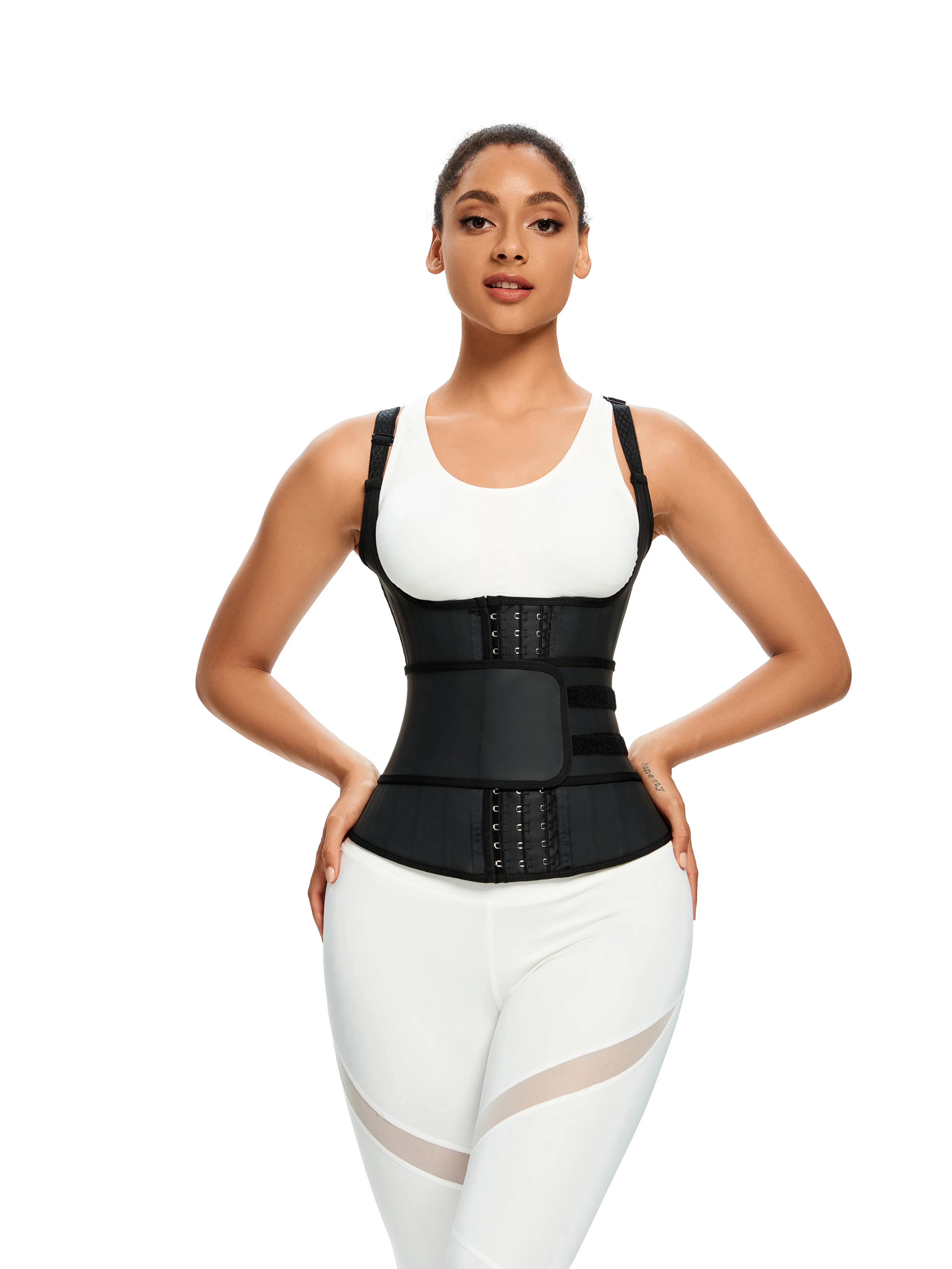 

25 steel bones adjustable shoulder strap vest single belt Matte Latex waist trainer Corset Women's binders and shapers 8672