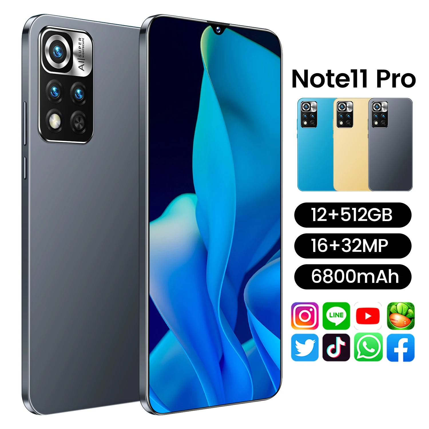 

Смартфон глобальная версия Note11 Pro, разблокированный телефон MTK6889 32 МП, сотовый телефон 16 ГБ + 512 ГБ, 6800 мАч, Android 6,7, GPS, дюйма