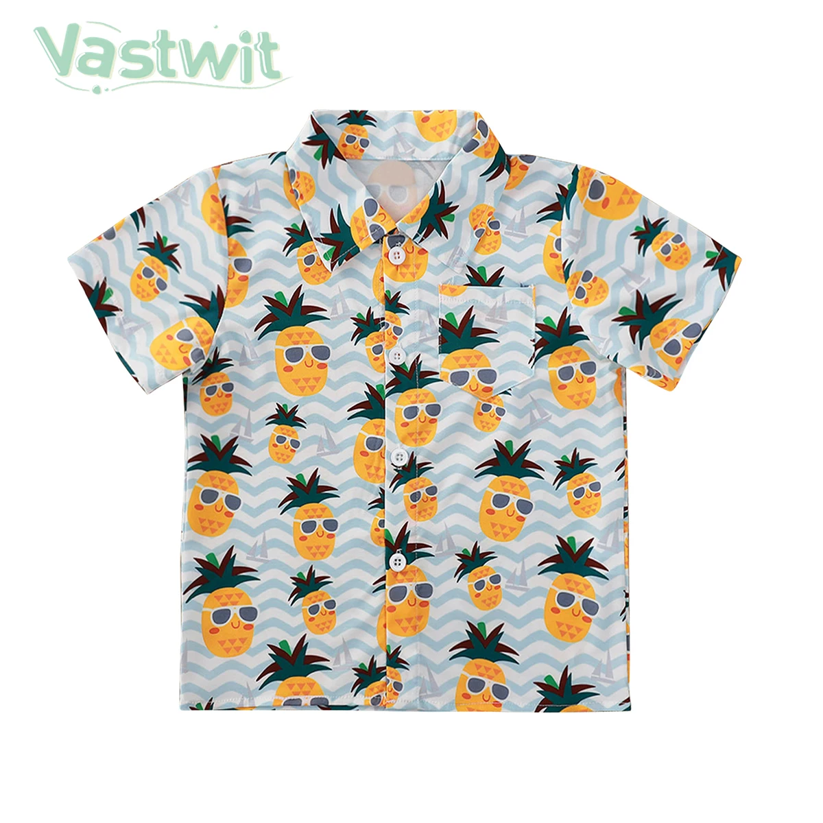 

2022 New Boys Summer Short Sleeve Casual T-shirt Turndown Pineapple Print Button Closure Top for Beach Vacation Sleepwear