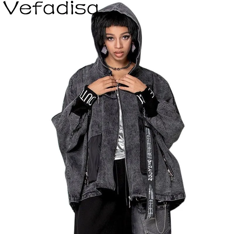 

Vefadisa Fashion Letter Print Pocket Stitching Bat Sleeve Denim Jacket 2022 Spring New Loose Hooded Denim Jacket TT1109