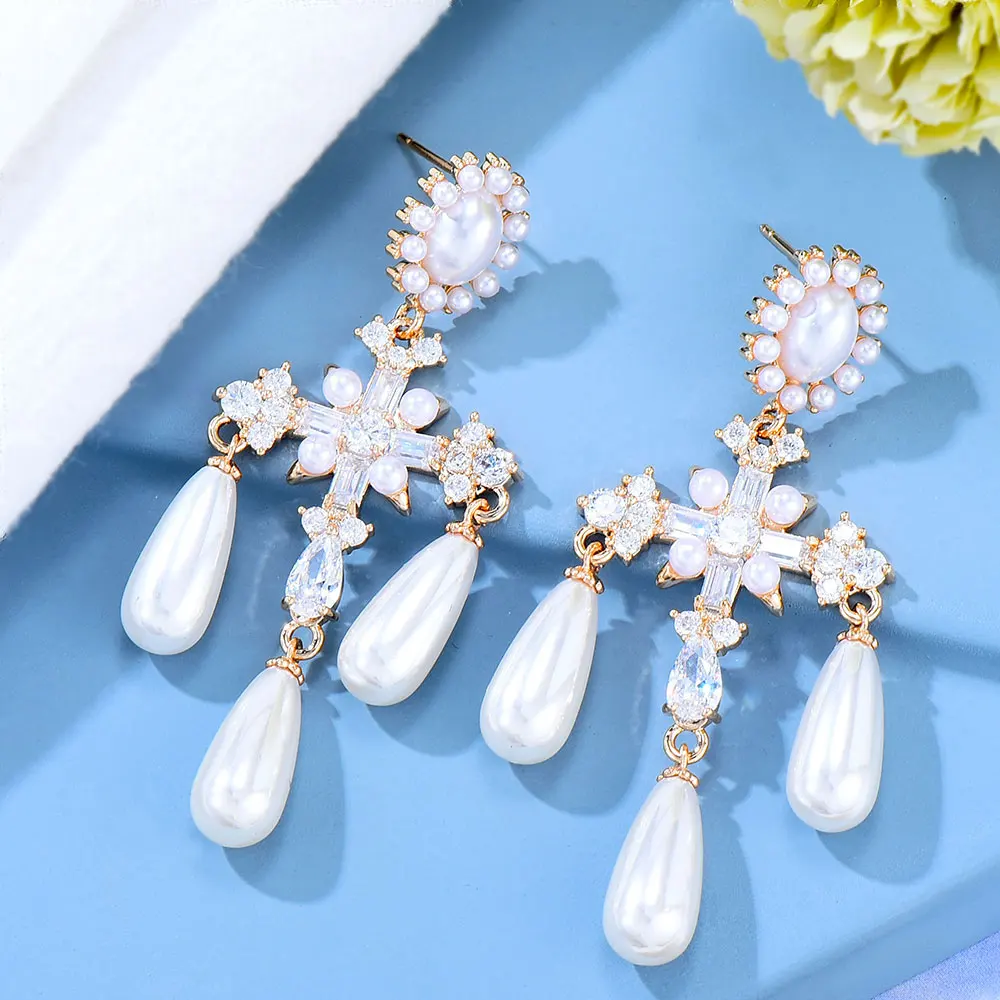 

Soramoore Trendy Cross Pearls Pendant Earring for Women Original Boucle d'oreille Femme 2022 Full Austrian crystal Party Jewelry