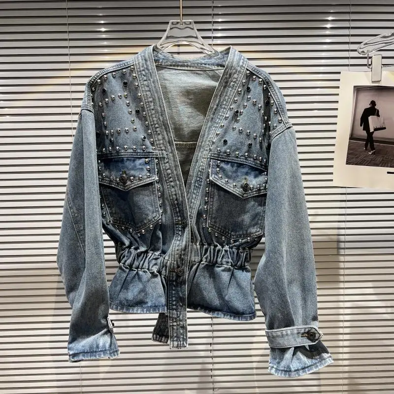 Women's Denim Jacket 2022 Fall New V-Neck Rivet Beaded Design Elastic Waist Denim Short Jacket Free Shipping