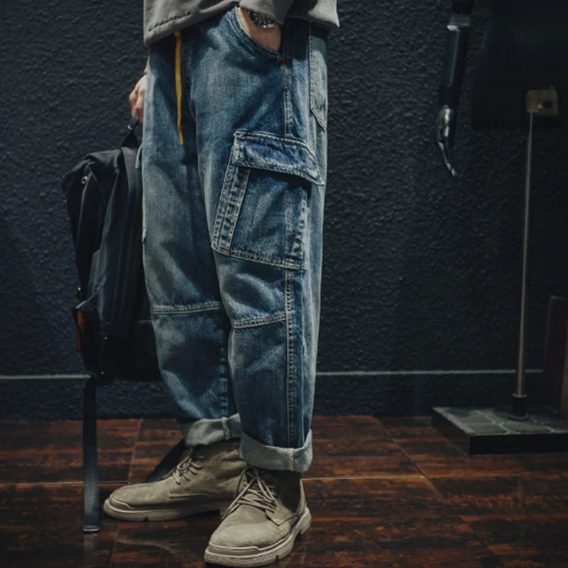 Streetwear Men 2022 New Pattern Vintage Recreational Blue Jeans Multiple Pockets Loose Straight Cylinder Trousers Autumn Female