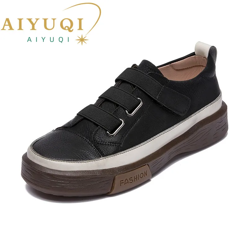AIYUQI Women's Vulcanized Shoes Flat New Genuine Leather Women's sneakers Retro Large Size 42 43 Fashion Girl Student Shoes