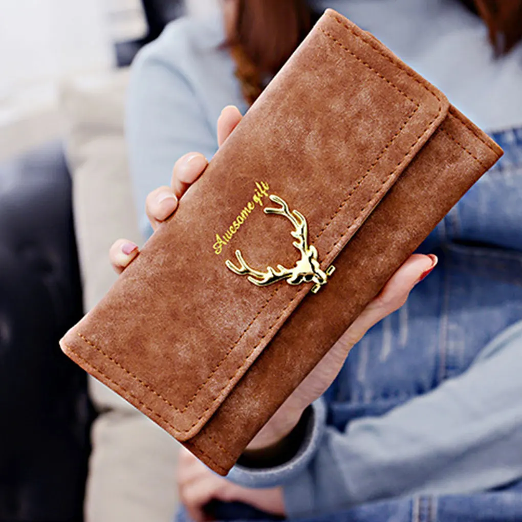 

Luxury Elk Long Women Wallet Vintage PU Leather Coin Pocket Cards Holder Multilayer Storage Moneyclip Clutch Bag