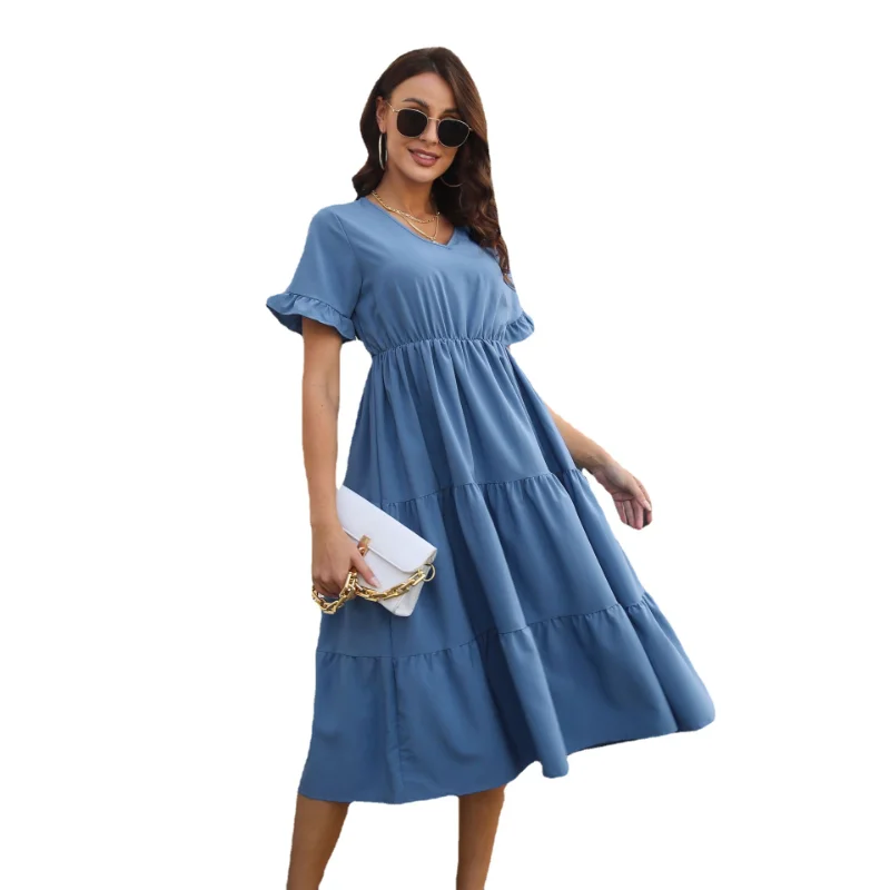 

Women's Mid Length Casual Chiffon V Neck Short Sleeved Dress