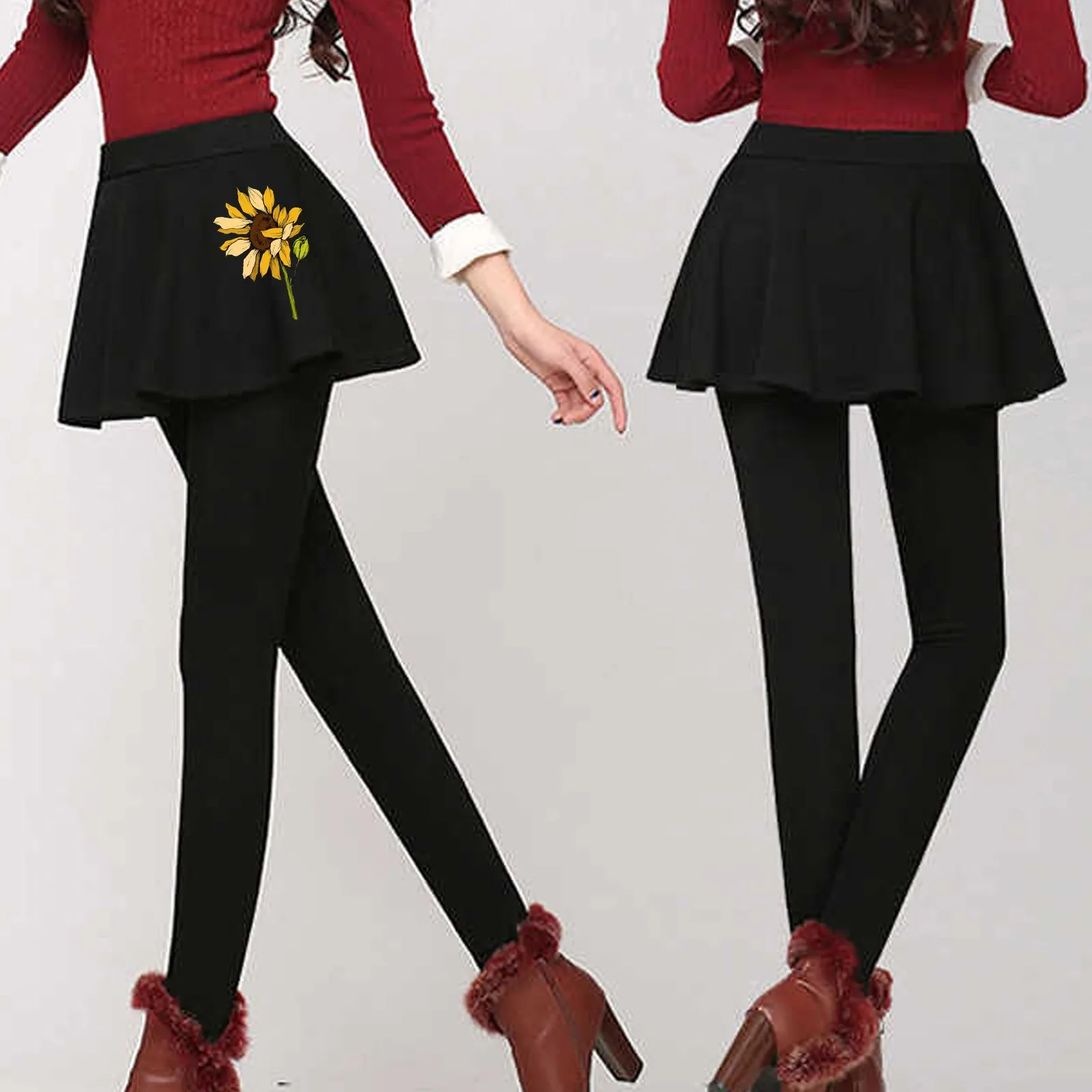 Ladies Thickened Leggings False Two In One Leggings Printed Stretch Velvet Leggings warm pants for winter women