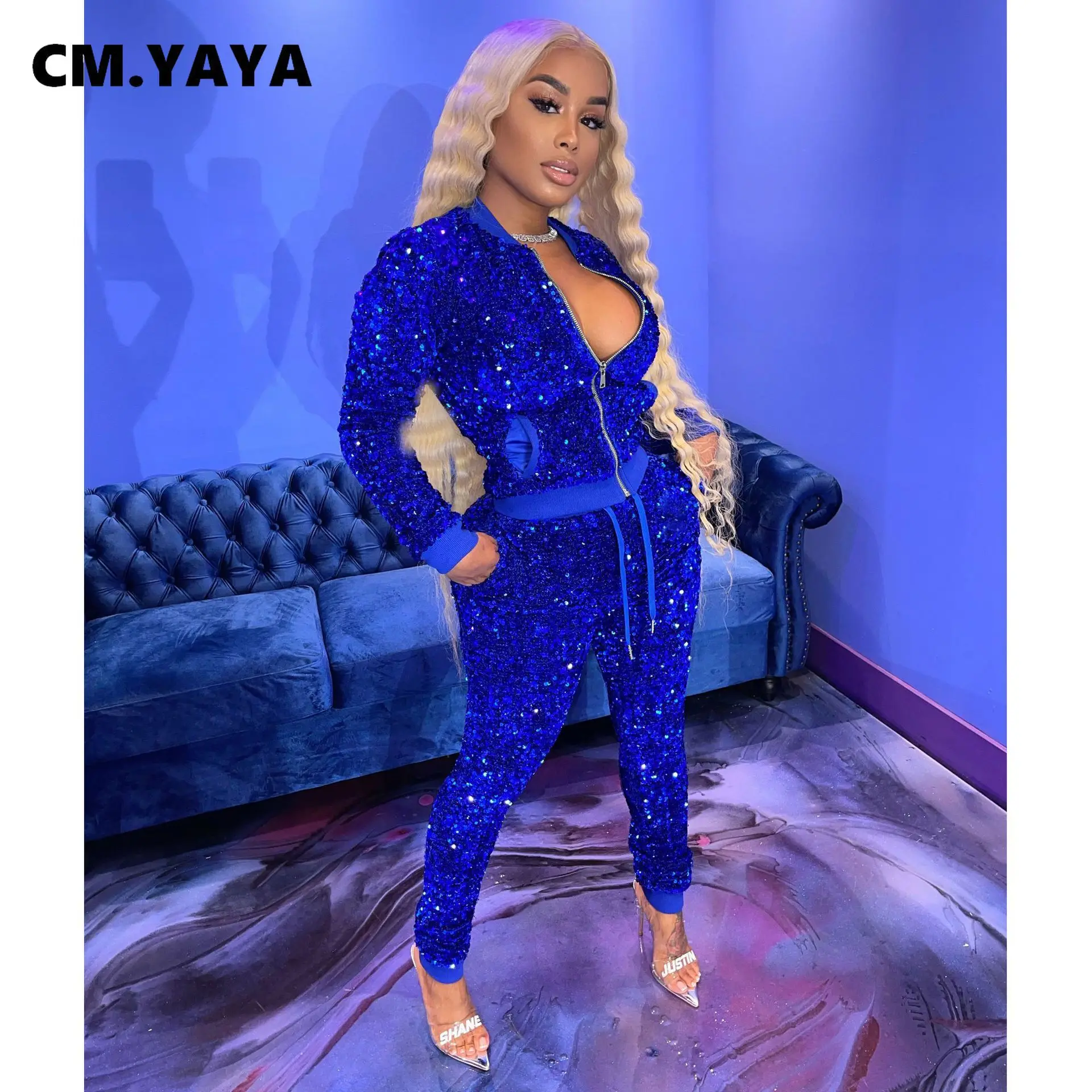 CM.YAYA Autumn Winter Streetwear Sequins Women's Set Zipper Fly Jacket and Pants Tracksuit Two Piece Fitness Outfits |