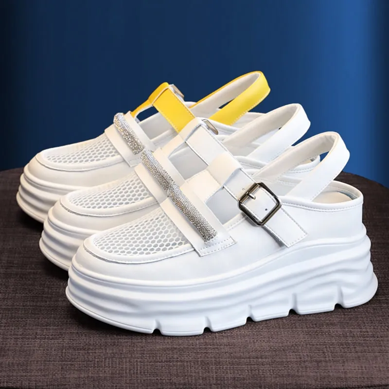 Designer Rhinestone Sports Sandals Sneaker Women Summer Shoes 2023 Genuine Leather Platform Sandal Hollow Mesh Slides Flip Flops