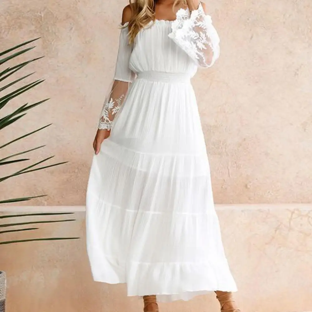 

Summer 2021 Women Lace Embroidery Long Sleeve V-neck White Chiffon Beach Dress Lady mesh Patchwork Boho Dresses