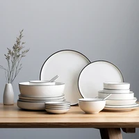 ceramic nordic simple black line tableware ceramic soup bowl restaurant round rice bowl dishes set kitchen supplies