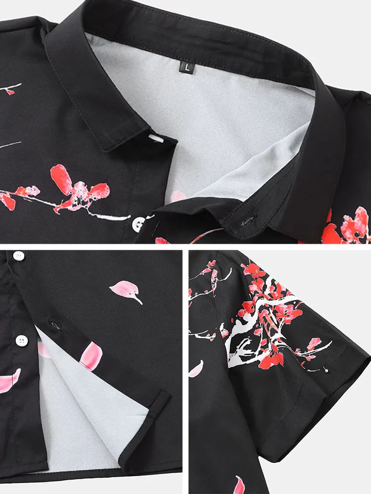 CharmkpR Stylish Well Fitting New Men's Tops Plum Blossom Printing Lapel Blouse Casual Streetwear Male Short Sleeve Shirts S-2XL
