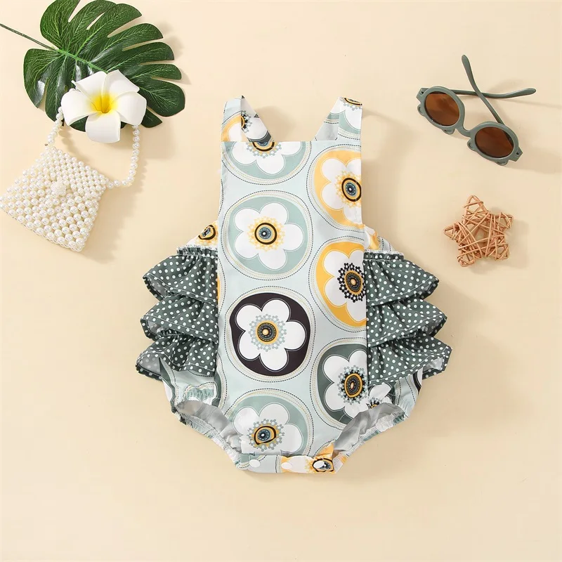 

Baby Girls Romper Sleeveless Dots Flower Print Patchwork Summer Jumpsuit For Newborn Ruffle Backless Bodysuits