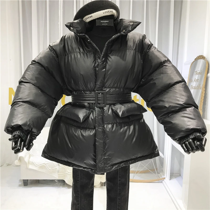 Winter Coat Ladies Parker 2023 New Coat Shiny Surface Warmth Thick Thick Cotton Casual Loose Women's Jacket Ladies Belted Jacket