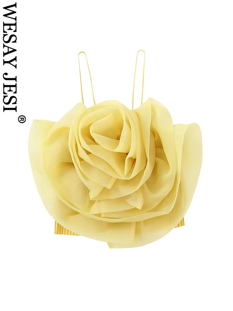 

WESAY JESI летний женский однотонный желтый жилет тонкий сексуальный на бретелях с трехмерными цветами Элегантный 2022 модный короткий топ