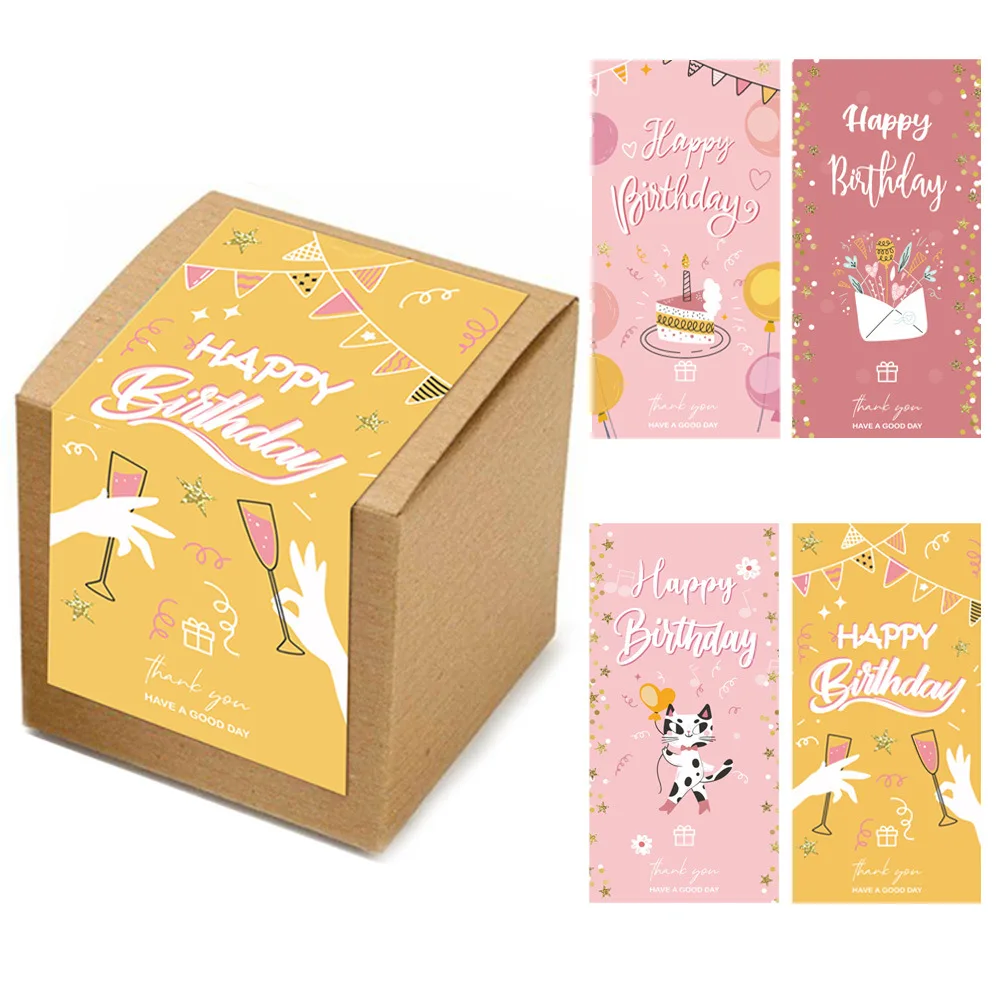 

50pcs Pack Happy Birthday Sealing Stickers Rectangle Package Label Paper Gift Box Wrap Decor Adhesive Stickers Cartoon Printing