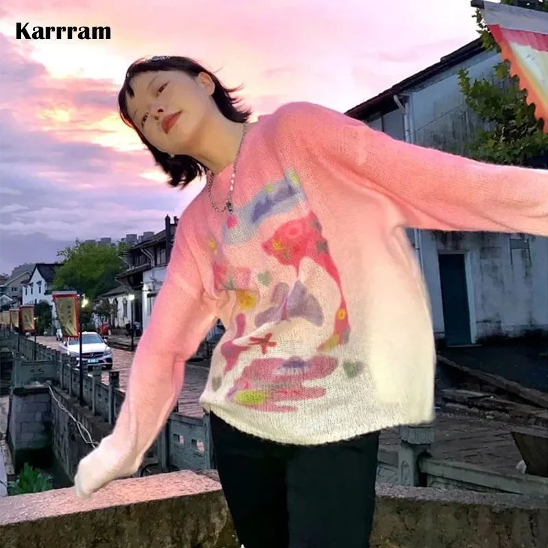 

Karrram Japan Sweet Pink Pullover Girls Butterfly Print Knitted Oversized Sweaters Gradient Women Autumn Designer Clothes Kawaii