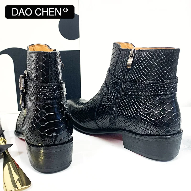 DAOCHEN BLACK WINTER ANKLE BOOTS MEN SHOES LUXURY BRAND DESIGNER SNAKE PRINT STRAP WITH BUCKLE GENUINE LEATHER MEN'S | Обувь