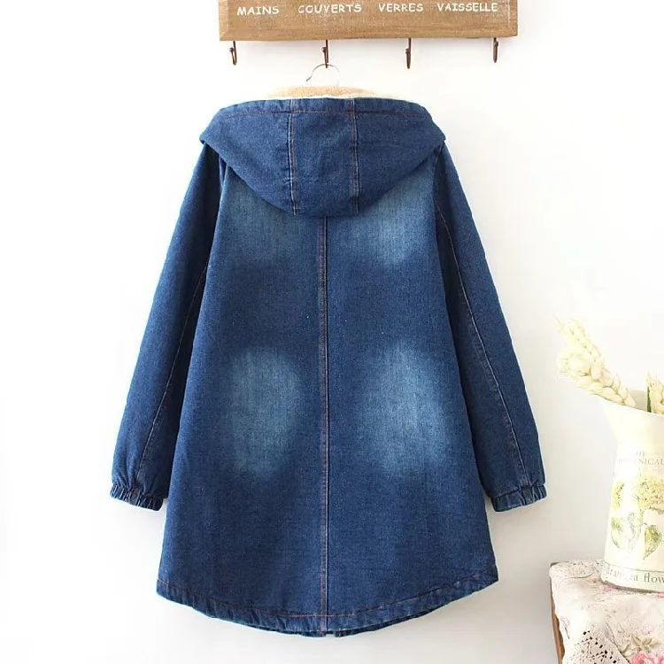 Large Pocket Hooded Fleece Thickened Denim Parkas Jacket Mid Length Zipper Button Denim Patchwork Coat Women Vintage Warm Coat