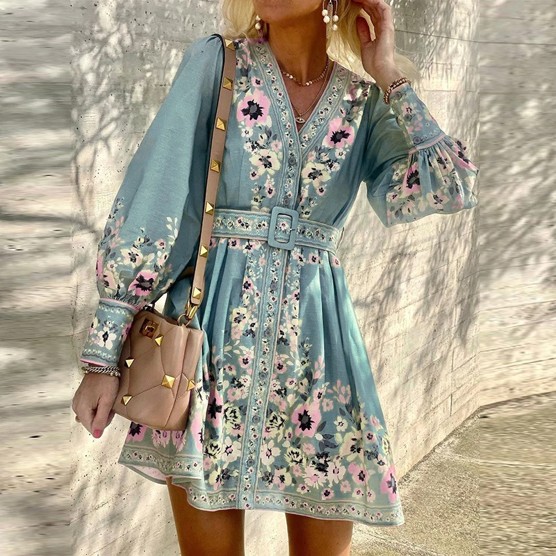 

Women Casual Floral Print Dress V Neck Lantern Sleeve with Belt Mini A Line Dresses Vintage Bohemian Mini Party Outfits