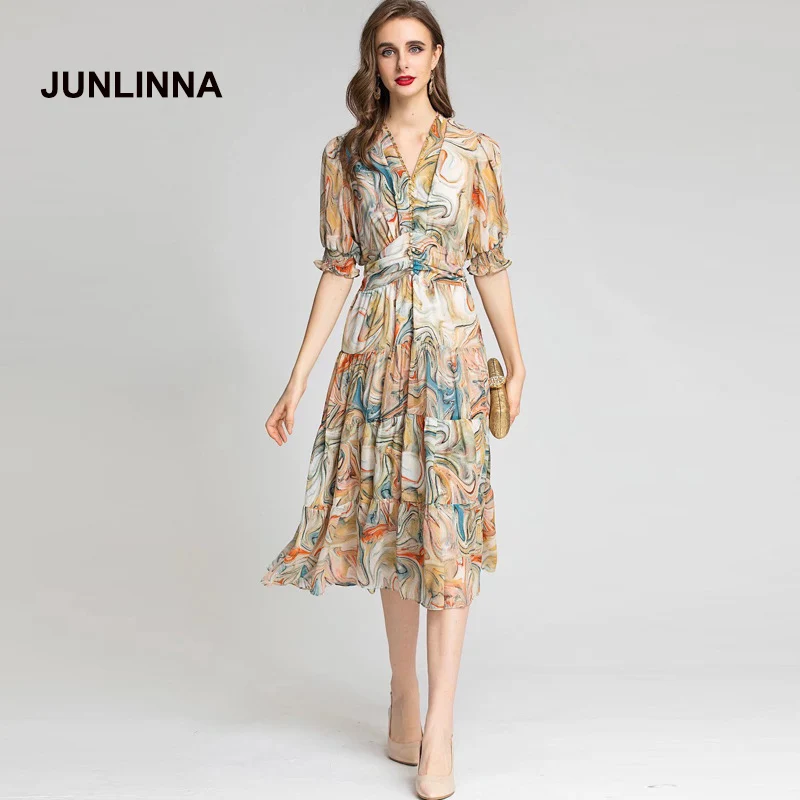 

Женское шифоновое платье JUNLINNA, миди-платье с принтом, V-образным вырезом и коротким рукавом, пляжные праздничные платья, лето 2022