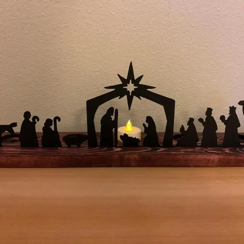 Metal Silhouette Wooden Candle Holder Birth Of Jesus Ornament Christmas Gifts Crafts Home Decor