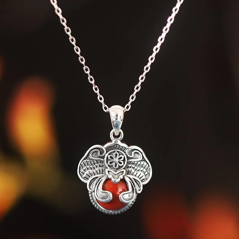

XL569 ZFSILVER 925 Sterling Thai Silver Luxury South Red Agate Peking Opera Mask Necklace Pendant For Girl Women Wedding Jewelry