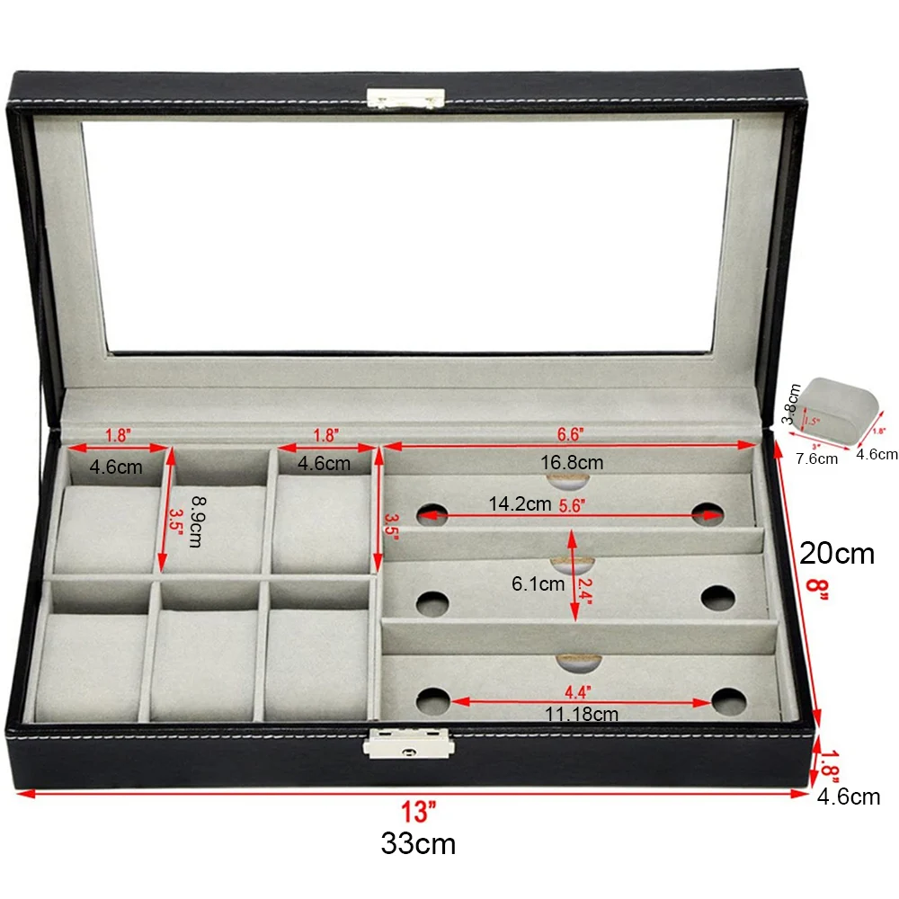 6 Slots PU Leather Watch Boxes Display 3 Eyeglasses&Sunglasses Necklace Jewelry Storage Case Collection Stand Birthday Gift