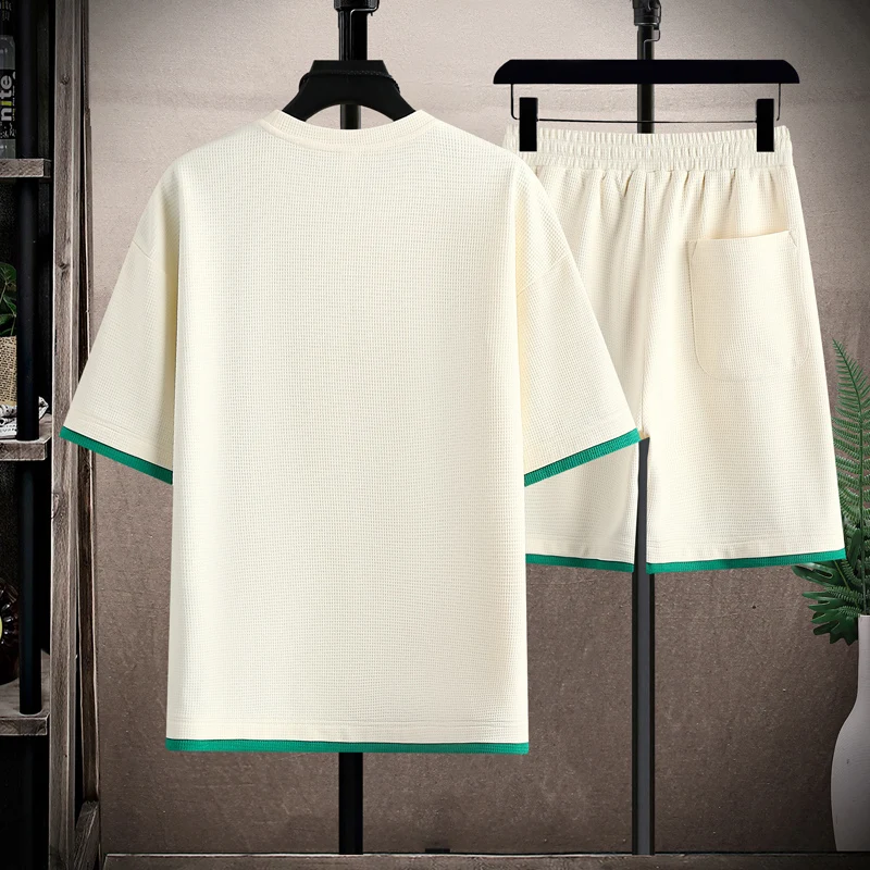 Short-Sleeved T-shirt Men and Teenagers Summer Fashion Brand Waffle Student Clothes Matching Handsome Casual Sports Suit