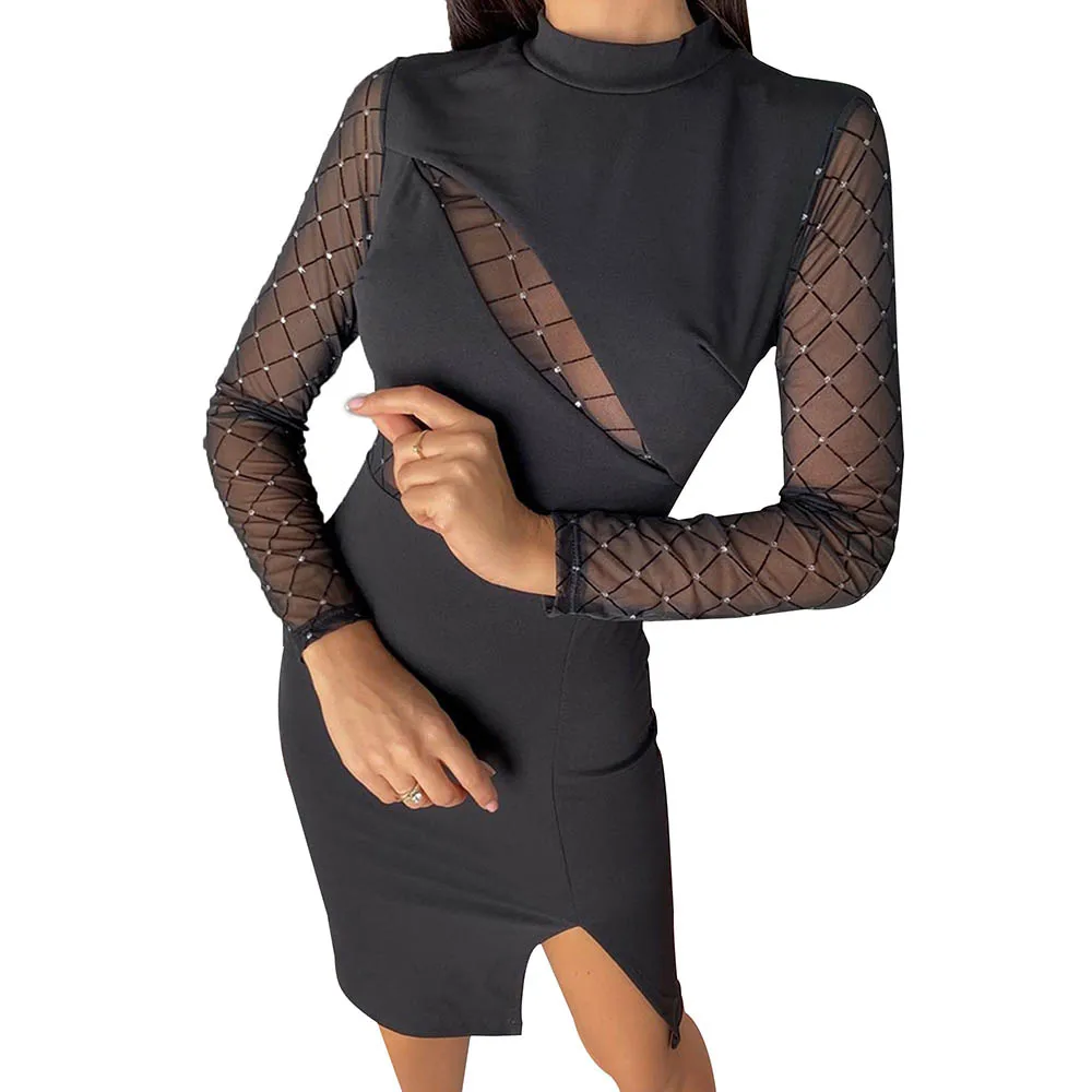 

Elegant Women Stand Collar Bodycon Dress Stylish Long Sleeve Ladies Club Side Slit Vestidos Sexy Mesh Patchwork Midi Dress
