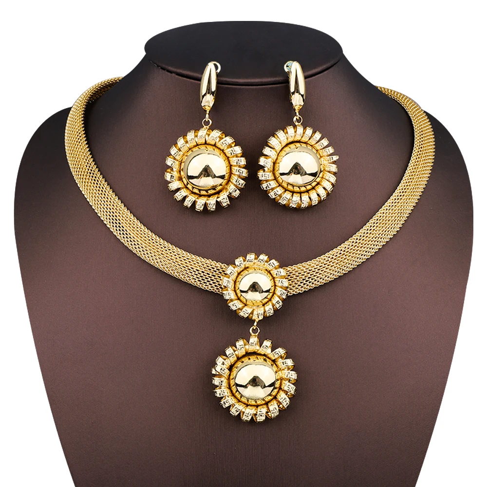 

Dubai Gold Color Women's Jewelry Flower Hollow Out Wide Necklace Earring Set Birthday Party Banquet Africa Luxury Accessories