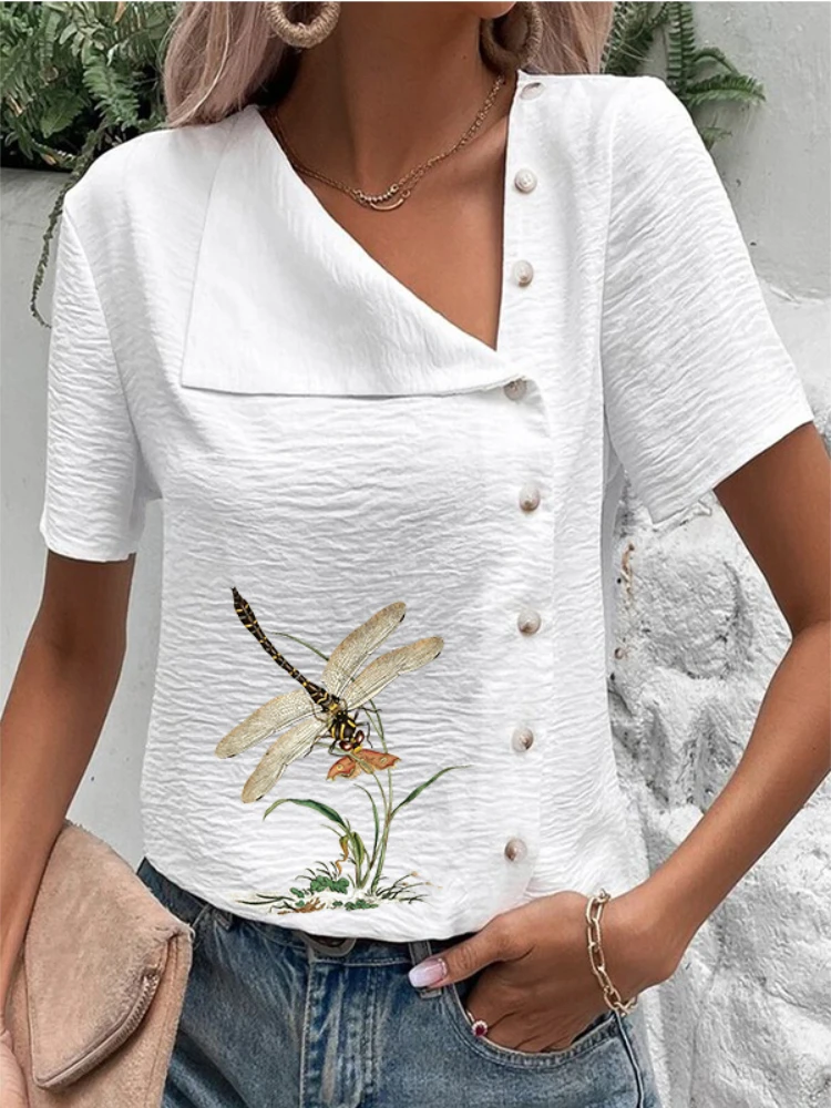 

Women Vintage Asymmetric Cotton Linen Button Up Shirt Summer Fashion Short Sleeve Office Lady Blouse Printing Loose Tops Blusas