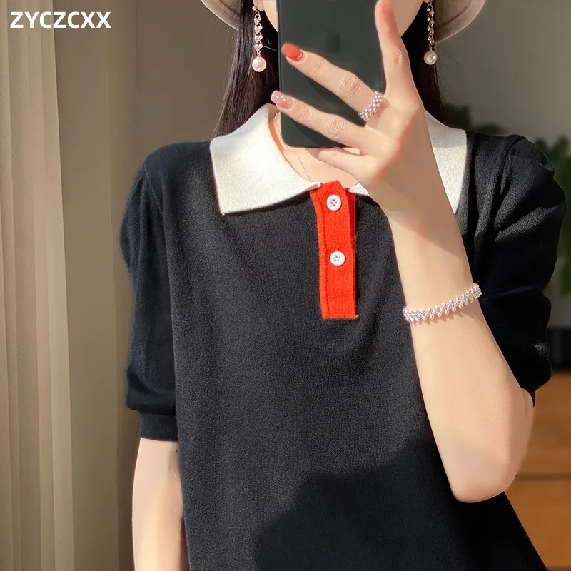 

ZYCZCXX Fine Woven Pure Wool Women's Polo Neck Knitted Half Sleeve T-shirt Women's Summer New Casual Patchwork Color T-shirt....