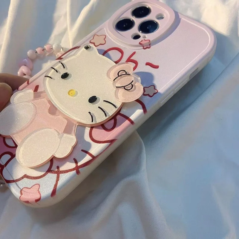 

Hello Kitty Soft Case for iPhone11 12 13 Pro Max X XS MAX XR 3D Cartoon Kawaii with Lanyard Makeup Mirror Silicone Back Cover