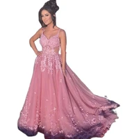romantic dusty pink long prom dresses spaghetti straps see through lace appliques evening gowns tulle sweep train party dresses