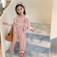 autumn baby girls fashion velvet embroidery outfits vest hooded coat and pants 3pcs sets children casual clothes sets